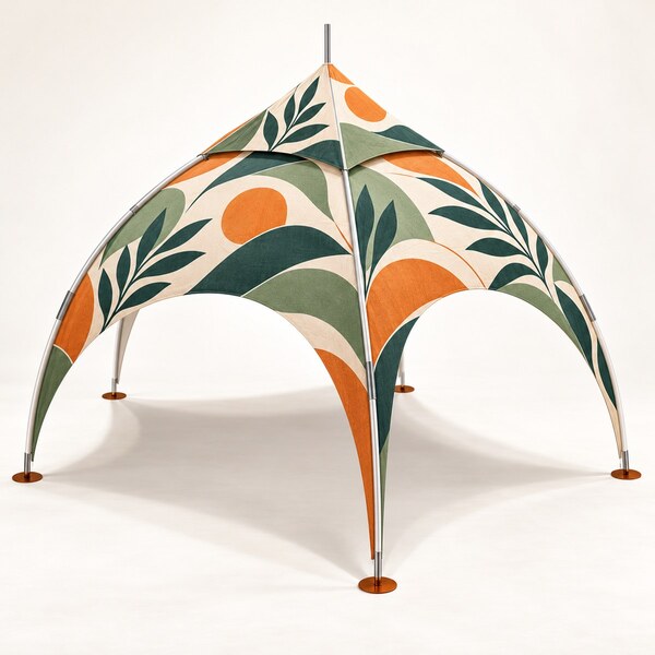 Cort Dome 5 × 5 m cu acoperiș personalizat verde, portocaliu și crem, simulare