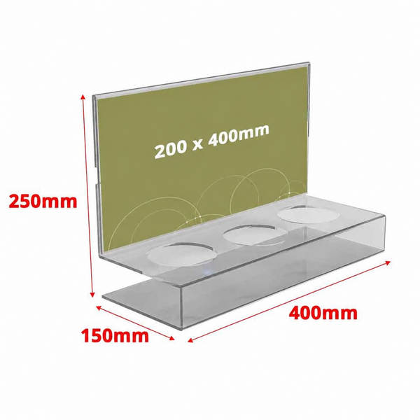 Suport pentru sticle și doze din plexiglas, cu trei decupaje și header tip insert, 400 × 150 × 250 mm
