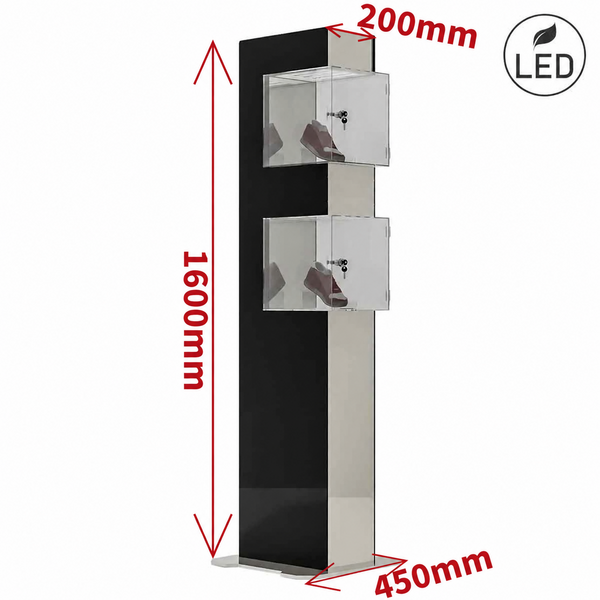 Stand pentru pantofi tip E din plexiglas, cu două vitrine cu yală și iluminare, înălțime 1600 mm