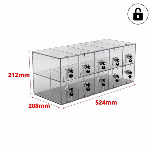 Suport securizat pentru telefoane din plexiglas transparent, cu 10 compartimente, 524 × 208 × 212 mm