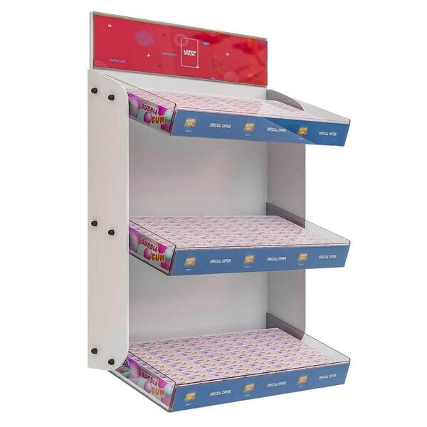Suport de perete SEP321 cu 3 rafturi oblice din plexiglas și spate din PVC alb